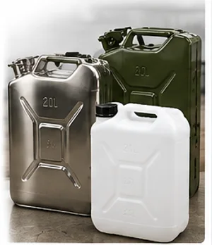 Stainless, olive and white jerry cans side by side