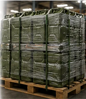 Palletised jerry cans shrink-wrapped for shipment