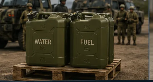 Olive military water and fuel cans on a pallet with troops behind