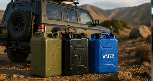 Olive water and black fuel jerry cans beside an overland 4x4