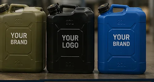 Olive, black and blue jerry cans branded with your own mark