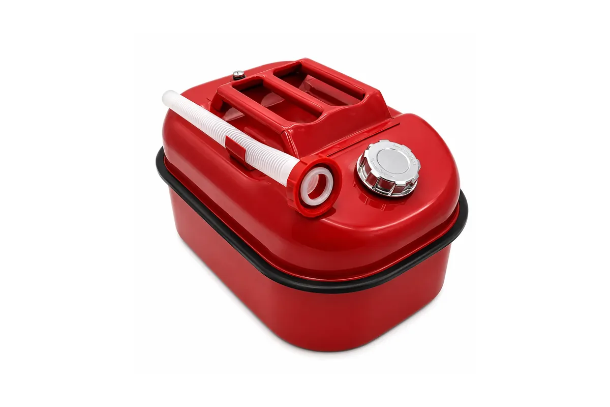 A red horizontal agricultural fuel can for tractor and implement frames