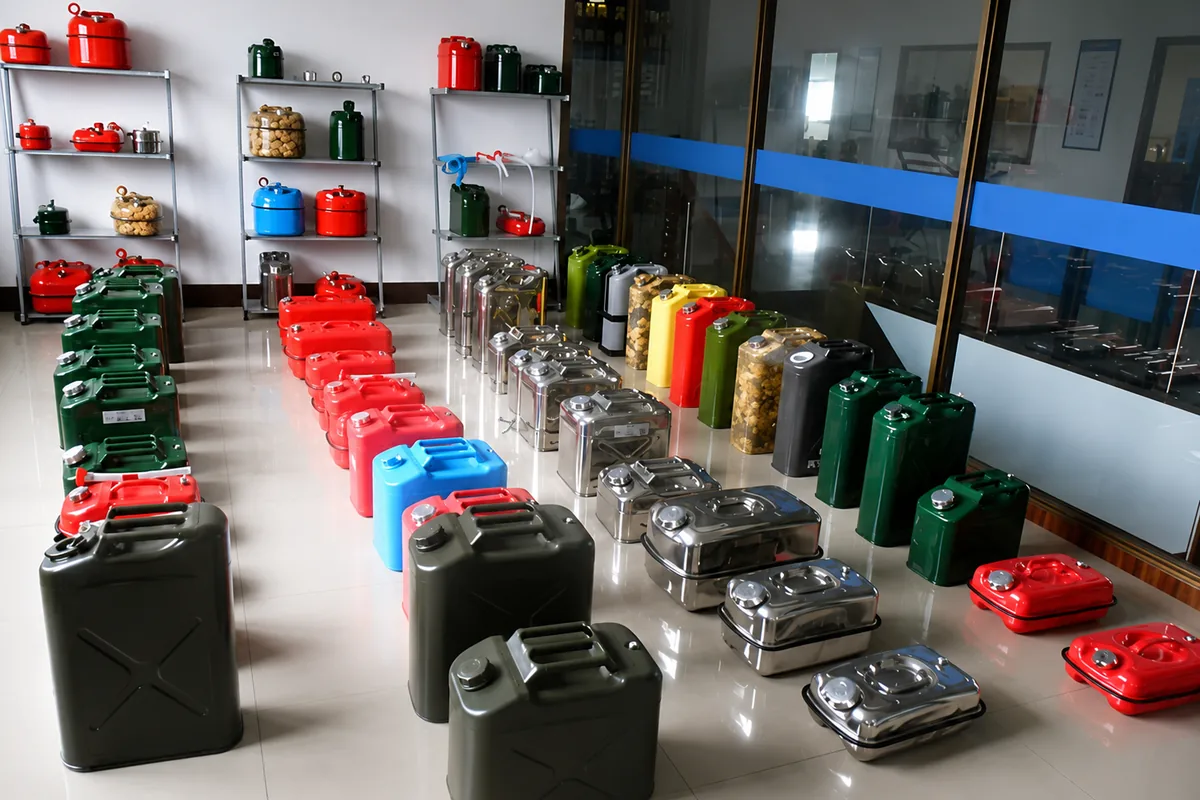 The Fortitude21 range in the showroom: steel, stainless and HDPE cans across formats and sizes