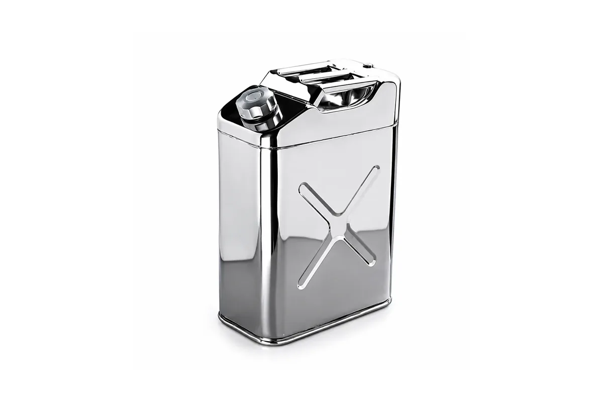 A stainless steel water jerry can for stored drinking water