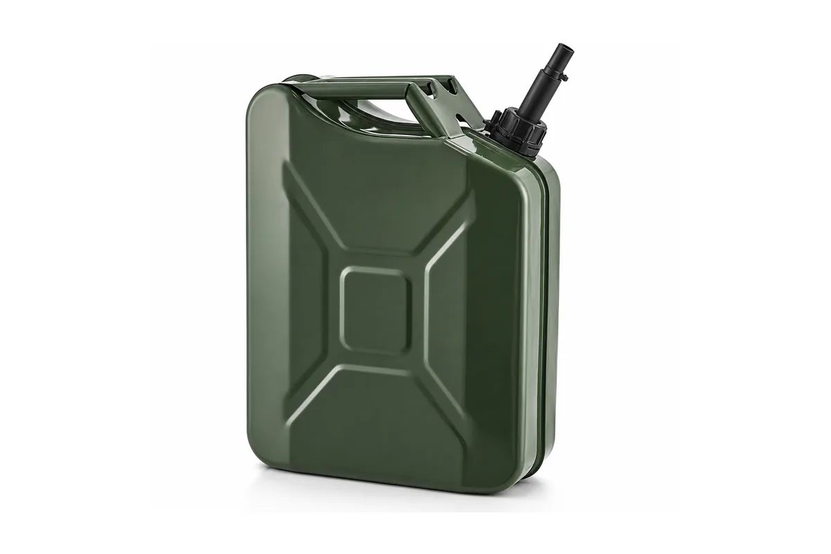 An olive NATO steel fuel can fitted with a black pouring spout