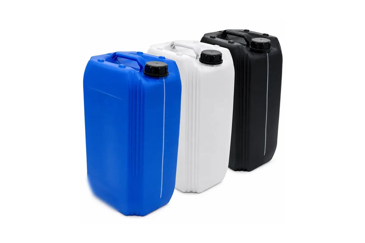 A stackable HDPE jerrycan, the hand-carried end of the container range