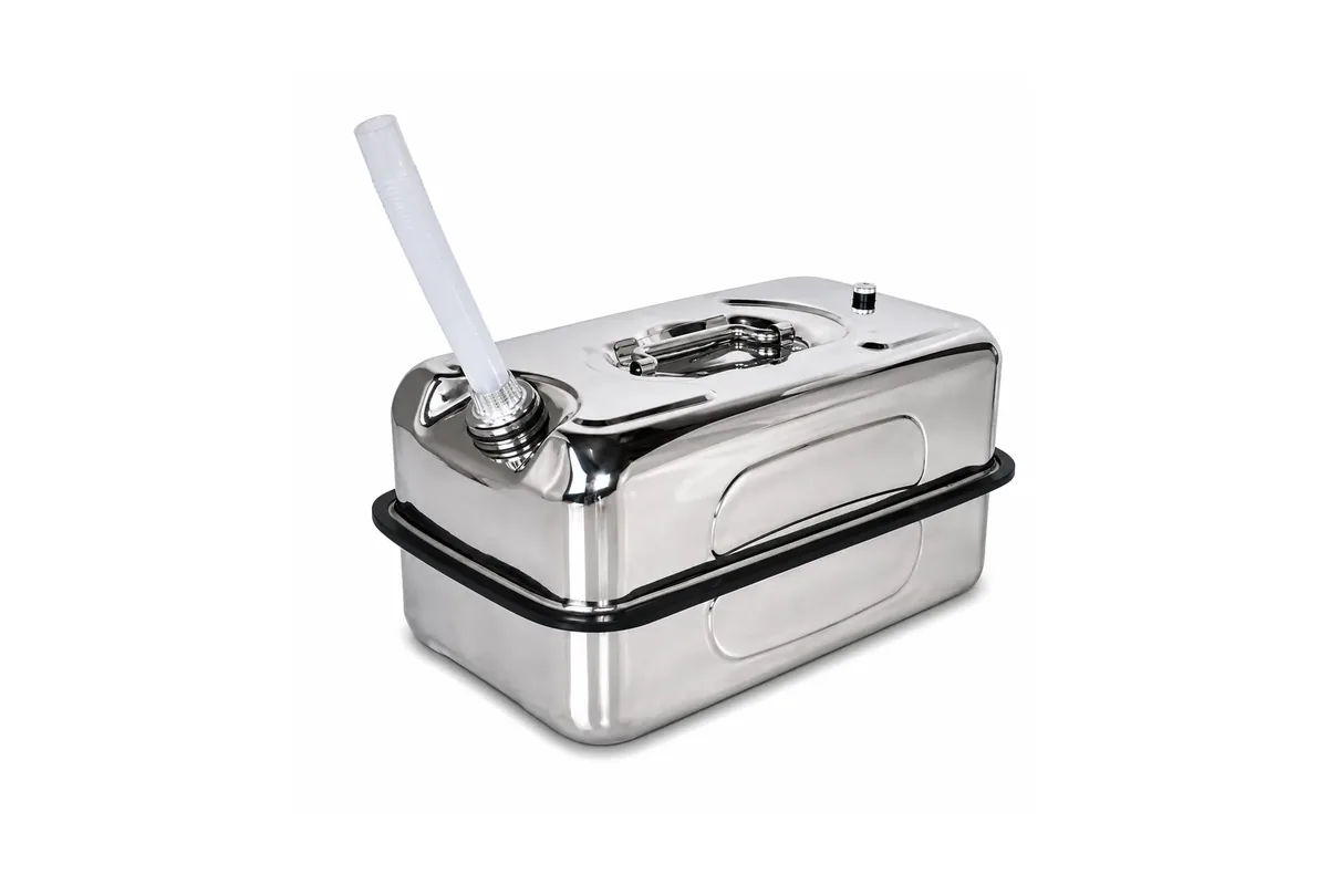 A brushed stainless steel jerry can, the marine-grade choice for salt air