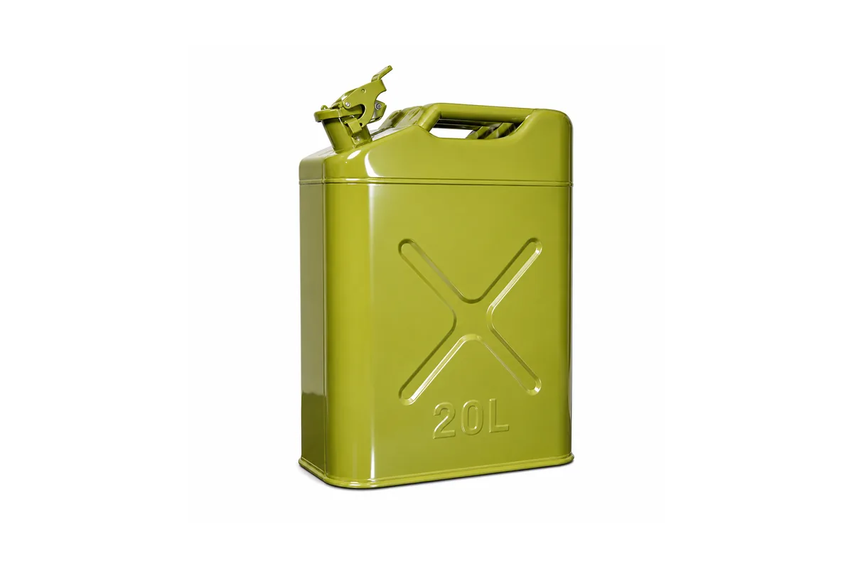 An olive NATO-pattern military jerry can with three handles and a stamped cross