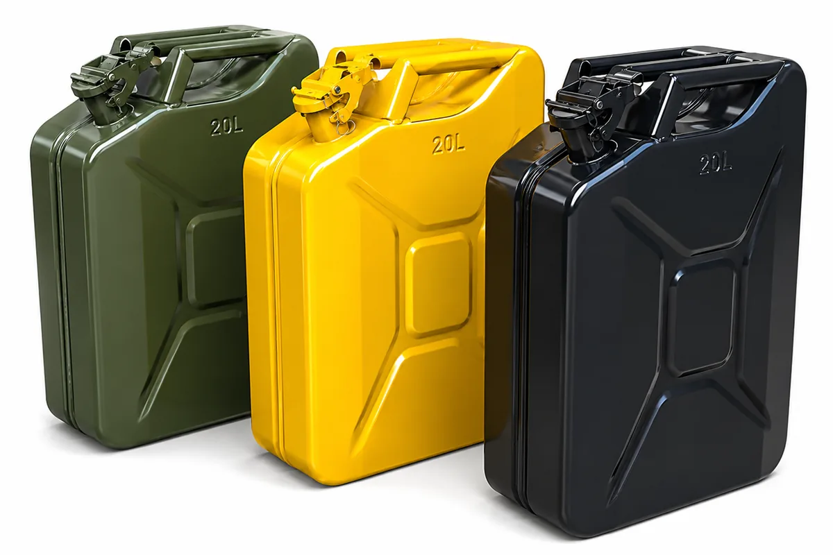 Olive, yellow and black NATO-pattern steel jerry cans