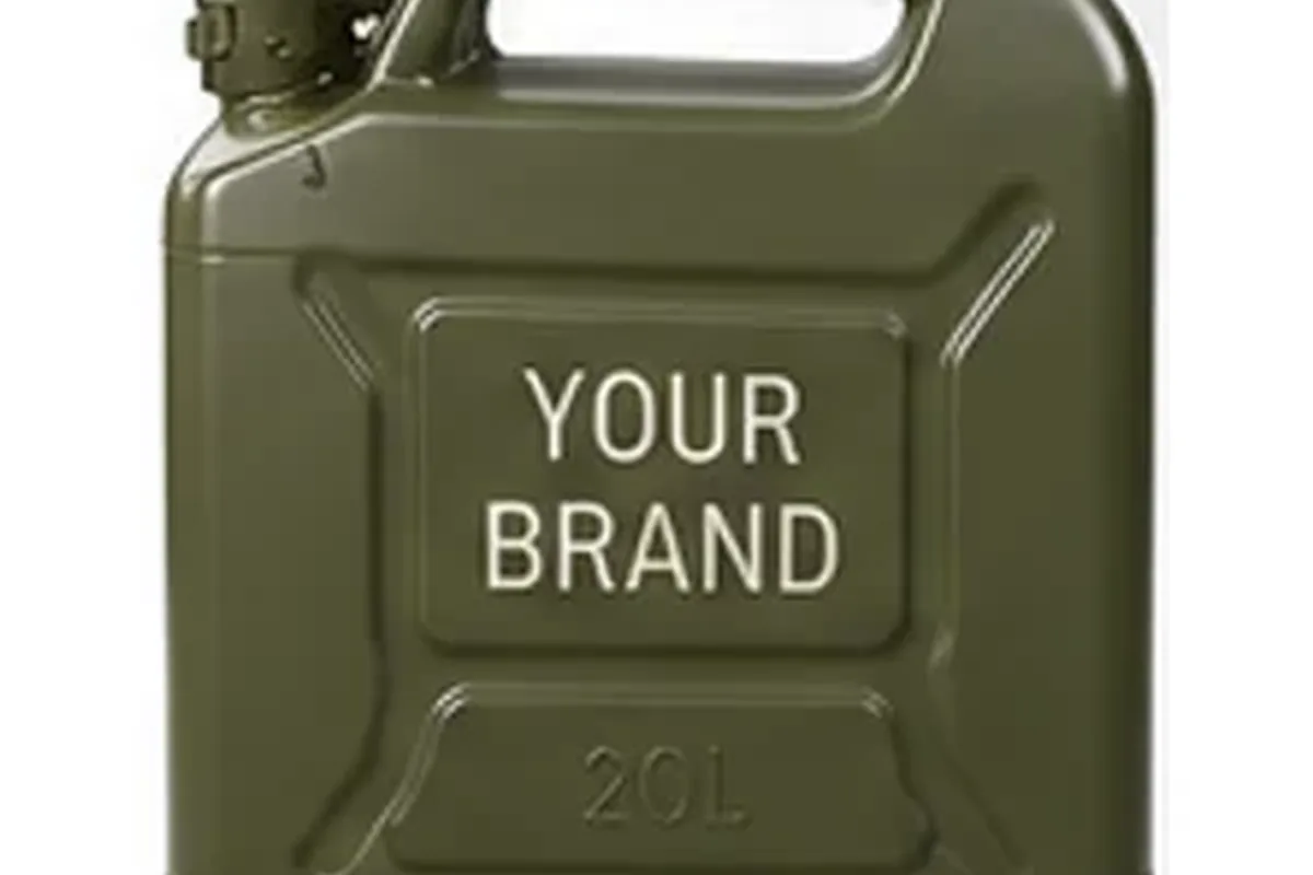 An olive jerry can being embossed with a brand mark on the marking line