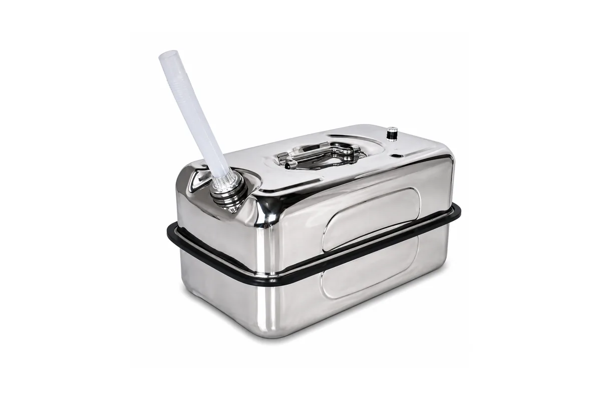 A polished AISI 304 stainless steel jerry can with a flexible pouring spout