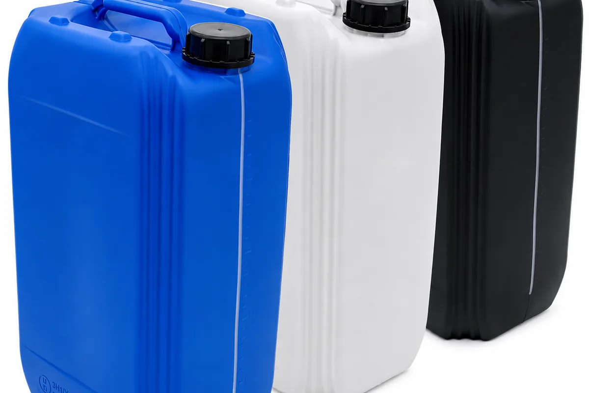 Blue, translucent and black HDPE plastic jerry cans